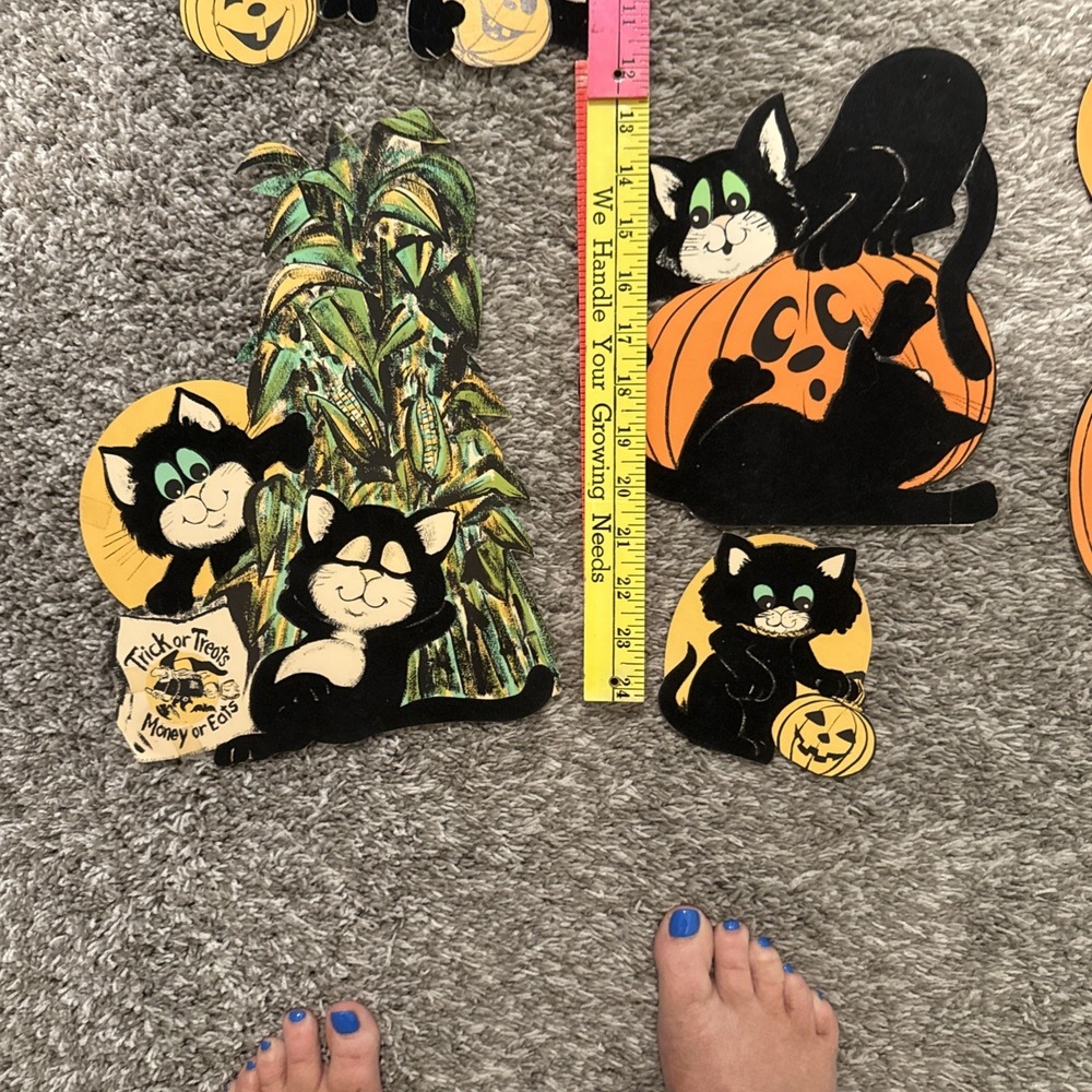Vintage Die Cut Felt Halloween Decor Green Eyed Black Cat Lot Of 7 - Picture 9 of 11